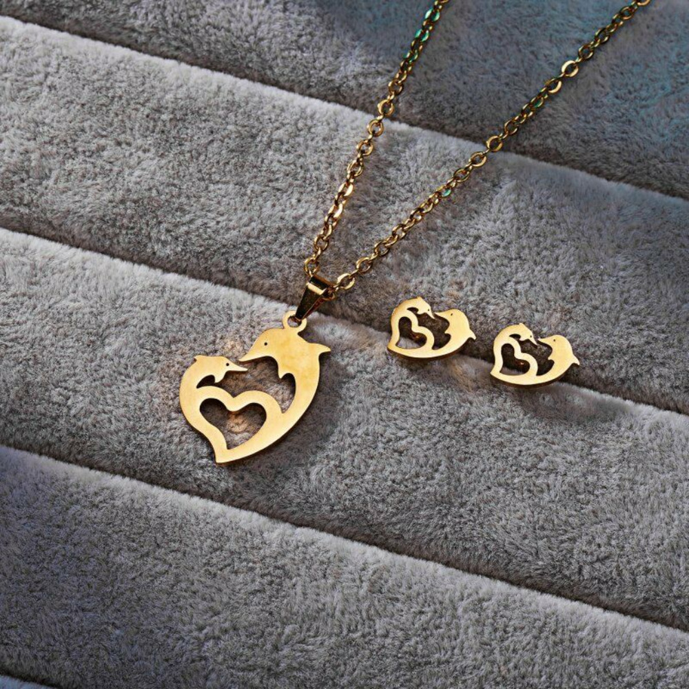 Stainless Steel Hollow Dolphin Stud & Necklace Set - Picture 3 of 3